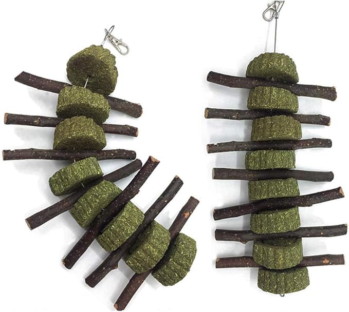 Bunny Chew Toys for Teeth, 2 PCS Organic Apple Wood Molar Sticks with Timothy Hay Circles for Bunny Chinchilla Guinea Pig Hamsters Holland Lop Prairie Dogs Squirrels, Improves Dental Health-PawvioPets