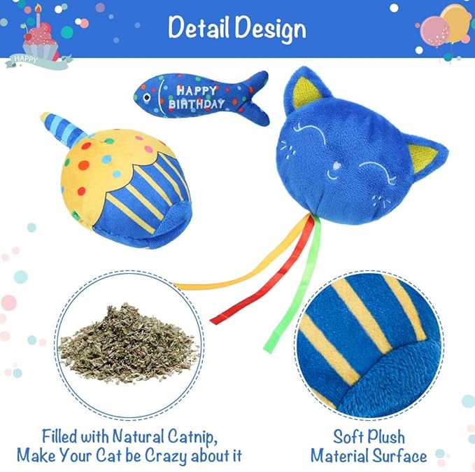 BINGPET Cat Birthday Catnip Toys for Indoor Cats,Cat Birthday Hat,Bandana and Cat Birthday Cake Interactive Plush Kitten Chew Toys,Cute Fish,Balloon Toys with Crinkle Paper and Catnip Inside(Blue)-PawvioPets