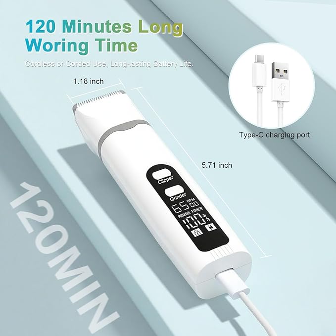 4 in 1 Dog Clippers Grooming Kit with LED Screen, Cordless Quiet Paw Trimmer & Nail Grinder, Rechargeable Waterproof Feet Ear Body Hair Shaver for Cats Dogs Pet Supplies-PawvioPets