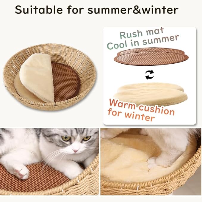 57'' Cat Tower for Large Cats, Manual Hand Woven Modern Multi-Level Condo with Natural Wood, Cat Activity Centre for Medium and Big Pets-PawvioPets