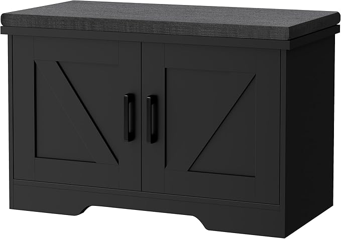 2-Tier Storage Bench, Shoe Bench with Padded Seat Cushion, Entryway Bench with 2 Barn Doors, Adjustable Shelf, 13.8" D x 27.6" W x 17.7" H, for Entryway, Living Room, Bedroom, Black-PawvioPets