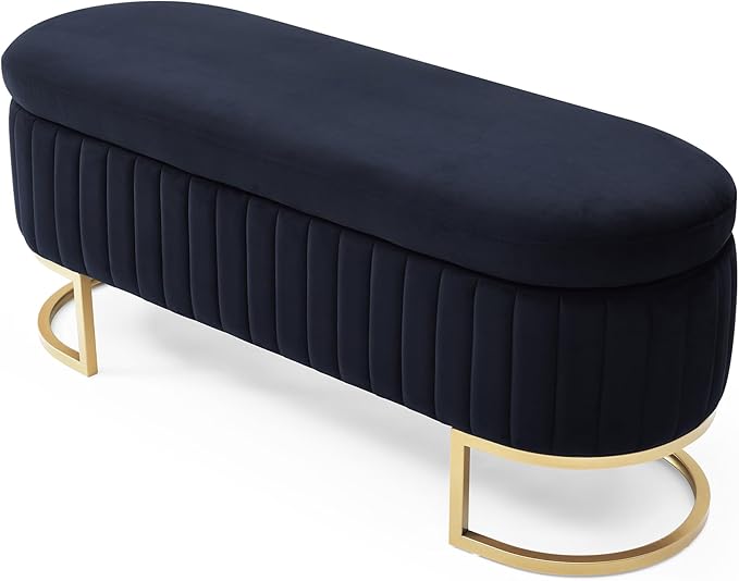 50" Sherpa Storage Ottoman Bench – Velvet Upholstered Bedroom Bench with Golden Metal Legs, Lift-Top Hidden Storage, Modern Footrest for Living Room, Entryway, Bed End (Black)-PawvioPets