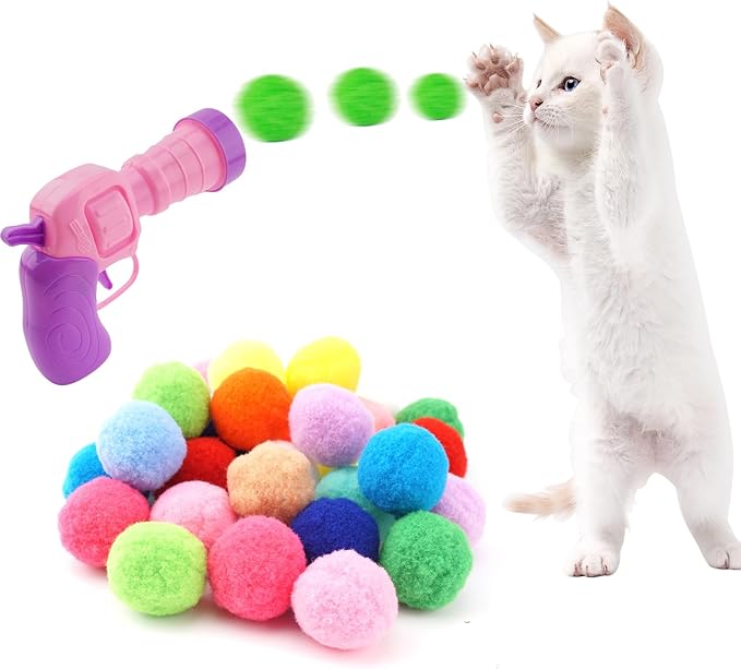 31Pcs Cat Ball Toy Launcher, 30Pcs Plush Fuzzy Balls, Cat Fetch Toy Gun Shooter for Indoor Kittens-PawvioPets