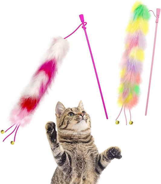 2 Pack Cat Wand Toy, Rainbow Cat Feather Toys with Bells, Teaser Wand with Soft Furry Tail, Interactive Toys for Indoor Cats & Kitten & Kitty-PawvioPets