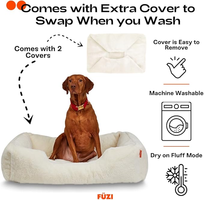 FUZI Luxury Aesthetic Dog Bed with Extra Cover for Medium Dogs, Washable Pet Couch, Pet Bed with Sides, Non-Slip Bottom, Soft & Durable Calming Dog Bed, Faux Fur, Medium 31.75x23.6x9.5 Soft White-PawvioPets