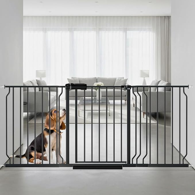 62.2"-71.65" Extra Wide Auto Closing Baby Safety Gate for Stairs & Doorways, Pressure Mounted No Drill Pet Gate with Walk-Through Door - Heavy Duty Childproof Gate for Toddlers, Kids, Dogs (Black)-PawvioPets
