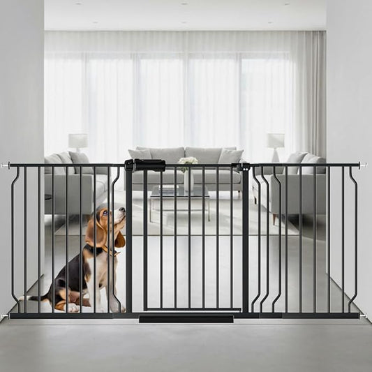 62.2"-71.65" Extra Wide Auto Closing Baby Safety Gate for Stairs & Doorways, Pressure Mounted No Drill Pet Gate with Walk-Through Door - Heavy Duty Childproof Gate for Toddlers, Kids, Dogs (Black)-PawvioPets