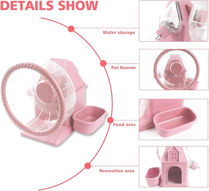 4 in 1 Silent Large Hamster Wheel Multifunctional Hamster Running Wheel Quite Running Spinner Wheel Accessories with Food Bowl Water Bottle for Hamsters Dwarf Gerbil (Pink)-PawvioPets