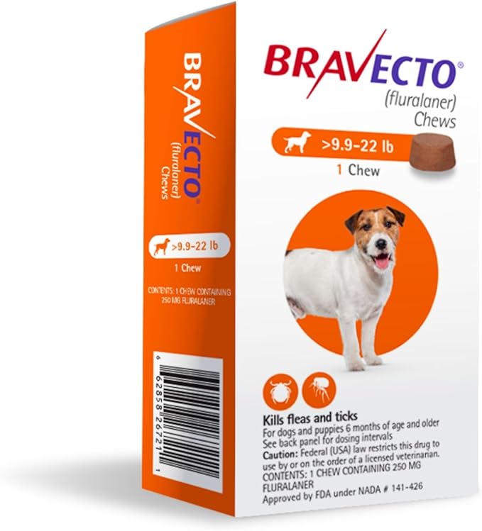 BRAVECTO Chew for Dogs, Flea & Tick, 1 Chew, 12 Week Supply, 9.9-22 lbs., Orange Box-PawvioPets