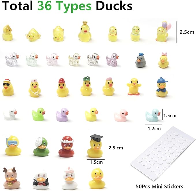 36 Types Multicolor Mini Resin Ducks, Plastic Tiny Ducks to Hide Prank, Little Ducks Mini Figures for Fairy Garden, Dollhouse,Terrariums, Potted, Miniature Landscape Ornament-PawvioPets