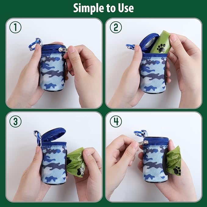 Dog Poop Bag Holder for Leash Doggie Waste Bag Dispenser Puppy Potty Carrier Small Doggy Zipper Pouch with Carabiner Clip 1680D Nylon Oxford with 1 Roll of Pet Trash Bags, Sky Blue Camo-PawvioPets