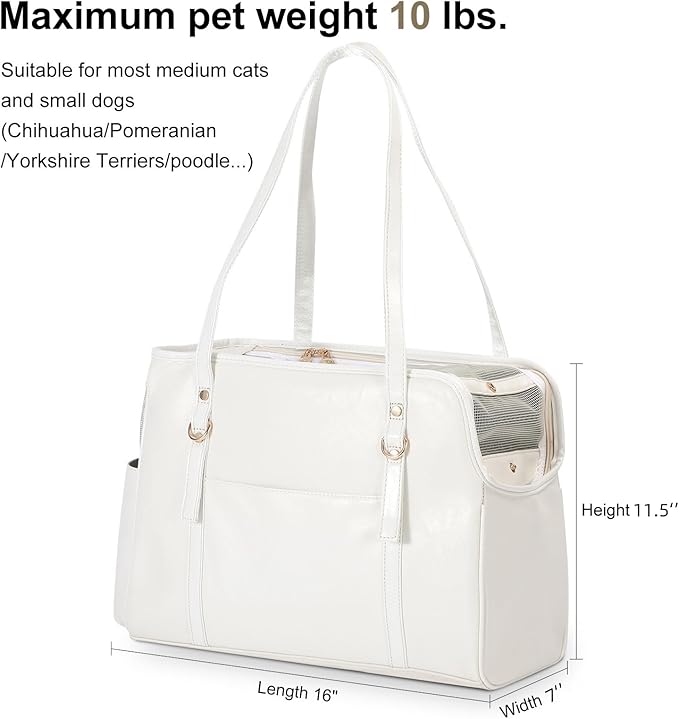 Dog Carrier Purse, Fashion Leather Pet Carrier with Pockets, Airline Approved Soft Sided Dog Carrying Bag for Puppy Cat Dog White-PawvioPets