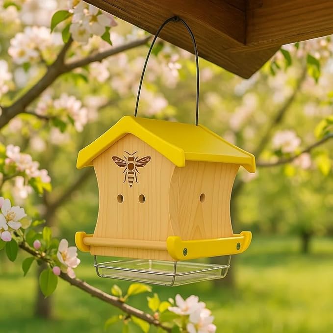 Carpenter Bee House for Outside, Wood Beetrap for Outdoors Insect House Hotel for Garden Stainless Cable Bee Box Without Bottle 2025 New Heavy Duty-PawvioPets