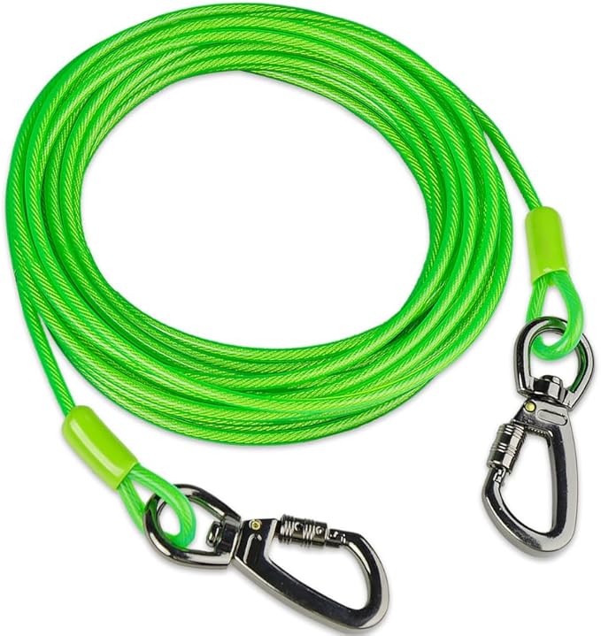Dog tie Out Cable, 10/20/25/30/50/70/100 feet, Suitable for Dogs up to 350 pounds, Dog Cable with Swivel Buckle, Lightweight, Non-Winding, for Outdoor Camping, Yard Dog Cable (Green, 10FT)-PawvioPets