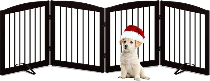 Freestanding Pet Gate for Dogs, Foldable Wooden Dog Gate for House, Indoor Dog Gate for Stair, Doorway, Gates for Dogs Indoor, 80 Inch Wide, 4 Panels 24",Brown-PawvioPets