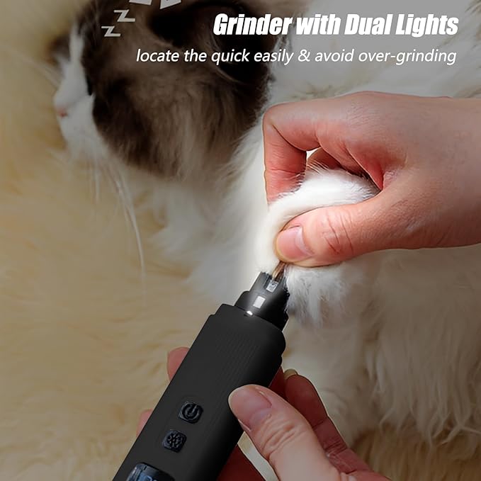 Dog Nail Grinder - 2 Speed Super Quiet and Low Vibration Electric Pet Nail Grinder - Rechargeable Dog Nail Trimmers for Small Dogs- Cat Nail Claw Clippers with 2 Level LED Lighting（Black）-PawvioPets