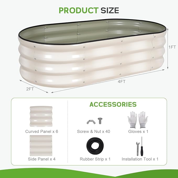 Galvanized Raised Garden Bed Outdoor - 4×2×1ft Planter Raised Beds for Gardening | Oval Metal Garden Planter Box with Safety Edging and Gloves for Vegetables Fruits and Flowers - White-PawvioPets