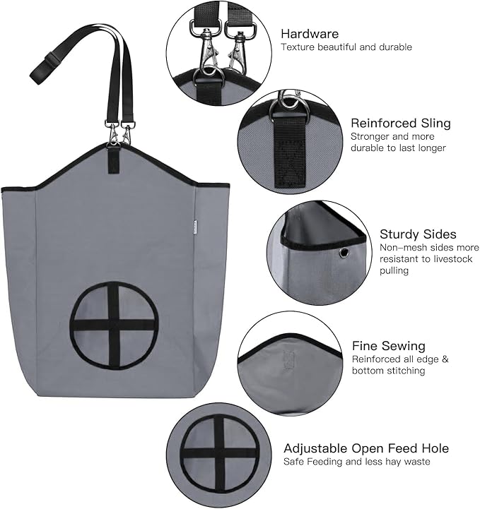 3 Packs Goat Hay Feeder,Hay Bags for Goats,Horses,Sheep,Premium 600D Oxford Cloth,with Metal Fastener and Adjustable Open Feed Hole for Slow Feeding. (1 Black+2Grey)-PawvioPets