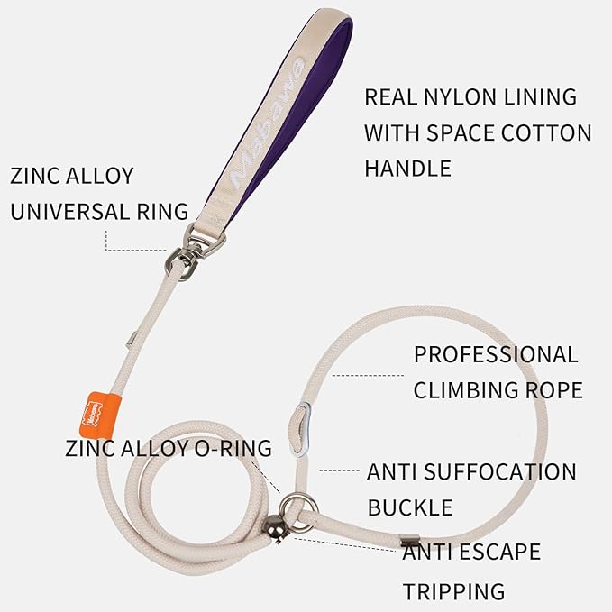 Dog Anti-Slip Leash 5FT with Metal Stopper - Durable No-Pull Training Lead for Small, Medium & Large Dogs - Comfortable Handle Nylon Rope, Tangle-Free Pet Walking Leash (Beige, 5.6FT)-PawvioPets