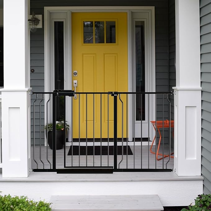 Fairy Baby Walk Through Baby Gate 34-38.5 Inch Wide, Pressure Mounted Safety Gate with Door No Drill, Tension Metal Gate for Dog and Toddler, Black-PawvioPets