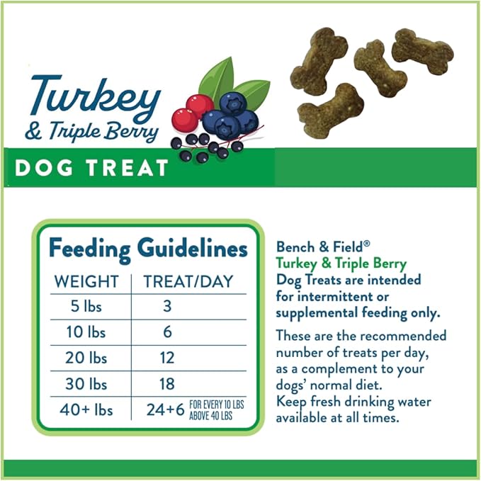 Bench & Field Holistic Natural Turkey & Triple Berry Dog Treats | Crunchy Bone-Shaped Bites | Antioxidant Blend, 10-Ounce Bottle-PawvioPets