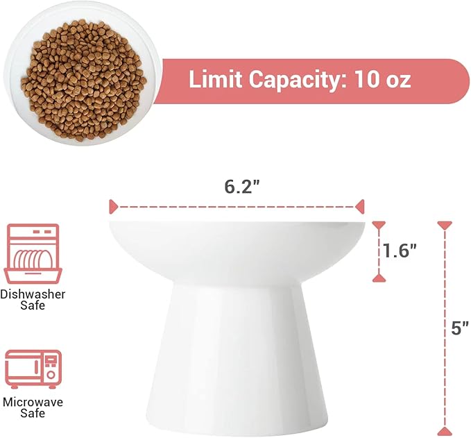 Extra Wide Elevated Ceramic Cat Bowl - 6.2" Shallow Dish for Whisker Fatigue Relief, 5" Height for Easy Feeding, Lead & Cadmium Free, Durable Raised Cat Food Bowls, White-PawvioPets