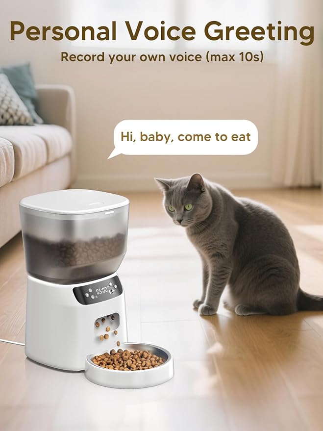 Automatic Cat Feeder and Water Fountain, 4L/16 Cups Timed Cat Dry Food Dispenser, 10s Meal Call, 20 Portions 6 Meals Per Day, 2L Cats Fountains for Drinking with Filter, Pet Feeder for Dog White-PawvioPets