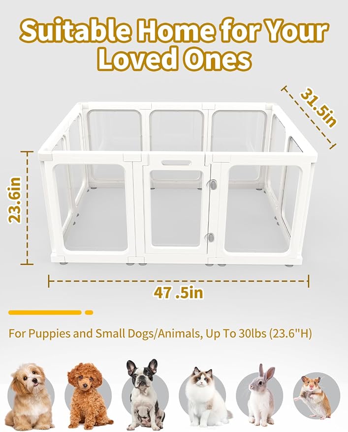Dog Playpen, Clear Acrylic Plastic Puppy Playpen Indoor, Pet Pen for Puppy Cat Bunny, Transparent Easy Assemble Foldable Whelping Box for Dogs, Puppy Playpen with Gate (23.6" Height, 10PCS)-PawvioPets