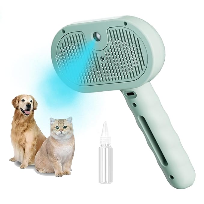 3-in-1 Steam Brush for Cats - Self Cleaning Cat Brush with Anti-Static & Shedding Control, Rechargeable Pet Grooming Tool for Long/Short Hair Cats & Dogs(Green)-PawvioPets