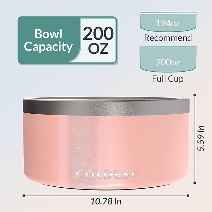 Coldest Dog Bowl - Anti Rust Metal, Non Slip, 3 Layers Insulated Stainless Steel Dog Bowls - Spill Proof & Heavy Duty - Water Bowl for Dogs, Cats, Dish Washer Safe (200 oz, Forever Pink Glitter)-PawvioPets