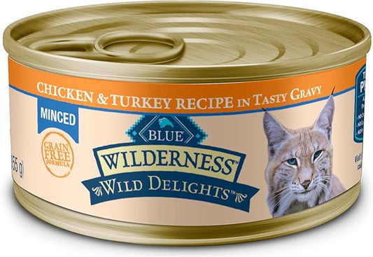 Blue Buffalo Wilderness Wild Delights Minced Natural Wet Cat Food, Chicken & Turkey in Tasty Gravy, 5.5-oz. Cans, 24-Pack-PawvioPets