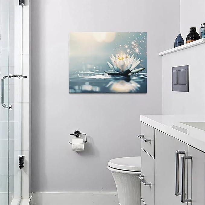 Bathroom Lotus Wall Art Floral Pictures Zen Meditation Wall Decor Yoga Spa Spiritual Canvas Print Painting Artwork for Bathroom Restroom Living Room Bedroom 12"x16"-PawvioPets