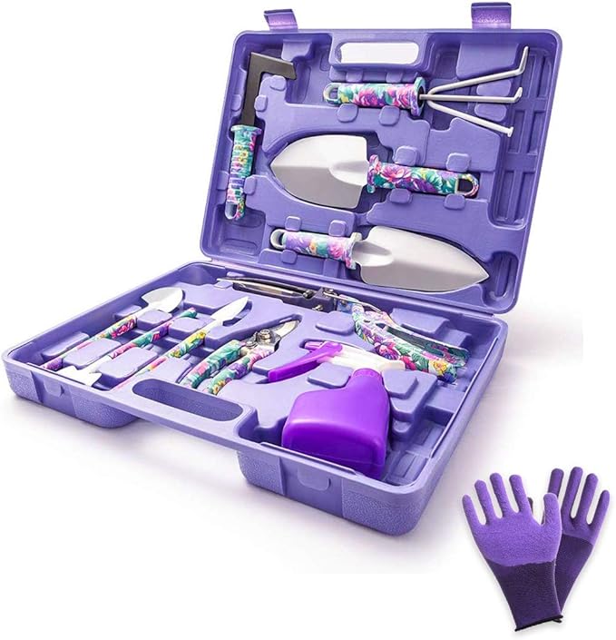 Garden Tools Set, 11 Pieces Gardening Gifts with Purple Floral Print, Ergonomic Handle, Trowel, Rake, Shovels, Pruner, Shears, Sprayer, Gloves, Garden Hand Tools with Carrying Case-PawvioPets