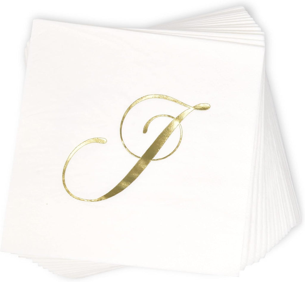 Gift Boutique 100 Gold Foil Monogram J Cocktail Napkins Disposable Paper Hand Towels for Wedding Baby Shower Holiday Party Powder Room Decor