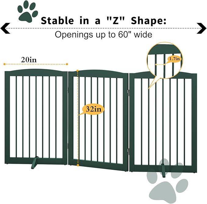 Freestanding Pet Gate for Dogs, Foldable Wooden Dog Gate for House Indoor, Step Over Pet Puppy Safety Fence for Stair, Doorway,Hall, Support Feet Included,3 Panels 32",Green-PawvioPets