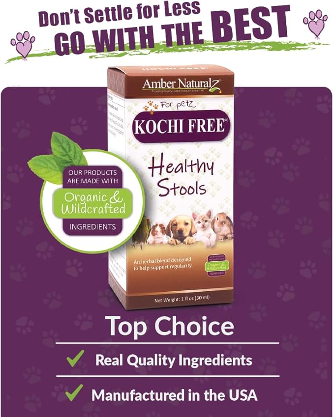 Amber NaturalZ Kochi Free Herbal Supplement for Dogs, Cats, Birds, Guinea Pigs, and Rabbits | Pet Herbal Supplement for Healthy Stool Support | 1 Fluid Ounce Glass Bottle | Manufactured in The USA-PawvioPets