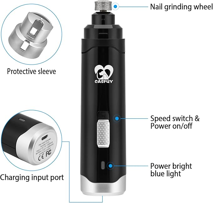 Casfuy Dog Nail Grinder Upgraded - Professional 2-Speed Electric Rechargeable Pet Nail Trimmer Painless Paws Grooming & Smoothing for Small Medium Large Dogs & Cats (Black)-PawvioPets