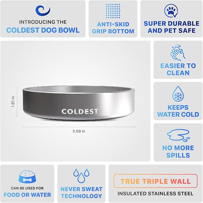 Coldest Dog Bowl - Anti Rust Metal, Non Slip, 3 Layers Insulated Stainless Steel Dog Bowls - Spill Proof & Heavy Duty - Water Bowl for Dogs, Cats, Dish Washer Safe (21 oz, Polished Stainless Steel)-PawvioPets