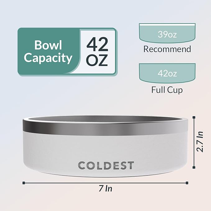 Coldest Dog Bowl - Anti Rust Metal, Non Slip, 3 Layers Insulated Stainless Steel Dog Bowls - Spill Proof & Heavy Duty - Water Bowl for Dogs, Cats & Pets, Dish Washer Safe (42 oz, Epic White)-PawvioPets