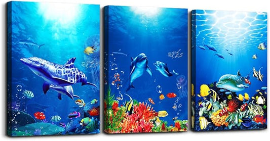 blue ocean fish 3 Pieces Framed Wall Art for Living Room Bathroom Wall Decoration Canvas Print Children's Bedroom Wall decor Office Kitchen Home Decoration Underwater World Watercolor Painting-PawvioPets