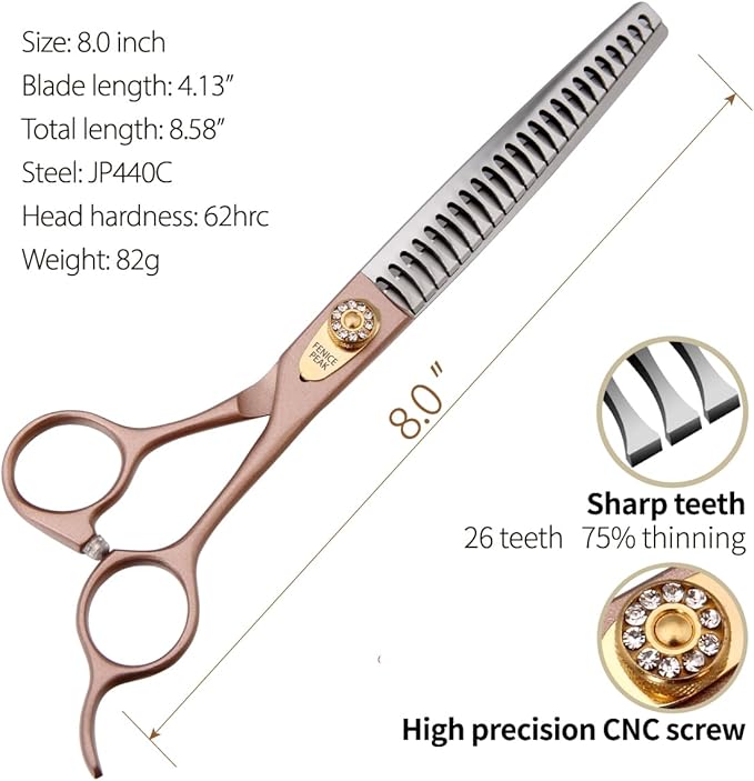Fenice Peak Thinning Shears for Dogs and Cats Rose Gold Pet Grooming Scissors Chunkers Shears 440C Stainless Steel Professional Dog Trimming Scissors 8''-PawvioPets