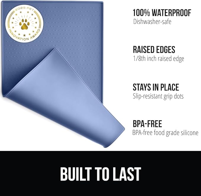 GORILLA GRIP 100% Waterproof Raised Edge BPA Free Silicone Pet Feeding Mat, Dog Cat Food Mats Contain Spills Protects Floors, Placemats for Cats and Dogs Water Bowl, Pets Accessories 16x10, Blue-PawvioPets