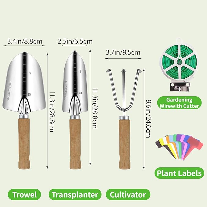 Garden Tool Set, 3 Pieces Gardening Kit with Garden Plant Twist Tie and Plastic Plant Tag, Stainless Steel Heavy Duty Garden Tools with Wooden Handle, Gardening Gifts for Women-PawvioPets