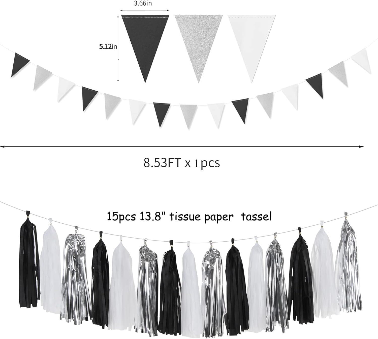 Black White Silver Party-Decorations Streamers - 23pcs Tissue Pom Poms, Graduation Men Boys Birthday Tassel Garland Banner,Wedding Baby Bridal Shower New Years Decor Lasting Surprise