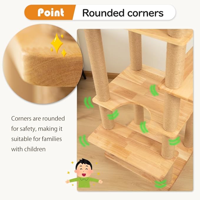 74" Wooden Cat Tree Tower for Large Cats, Multi-Level Cat Climbing Furniture with Scratching Posts, Cat Condo & Hammock, Natural Wood Cat Activity Center (White)-PawvioPets