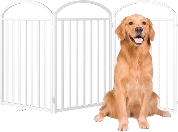 3 Panles Full Matel Freestanding Dog Gates with Door, 72"Extra Wide 32"Tall Free Standing Dog Pet Gate for Indoor & Outdoor. Foldable Pet Fences for Doorways, House, Stairs, Porch, Deck, Yard-PawvioPets