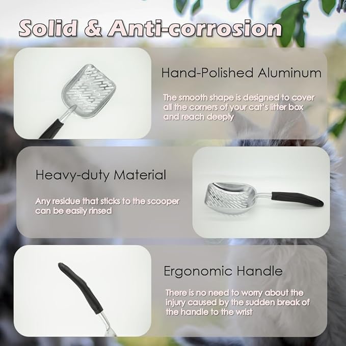 Full Metal Cat Litter Scoop with Holder – Heavy Duty Litter Scooper & Speed Sifter – Aluminum Cat Poop Scooper Captures All Clumps – Washable Stand for Easy Cleaning-PawvioPets