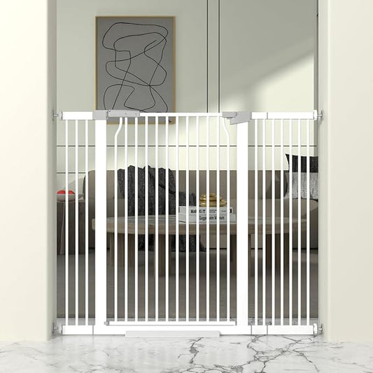 41" Extra Tall Cat Gate for Doorway, 40.6-49.1'' Metal Pet Baby Safe Gate, Extra Wide Pressure Mounted Child Door with Expansion Kit, No Drilling Cat Fence Indoor, Tall Dog Gate, White-PawvioPets