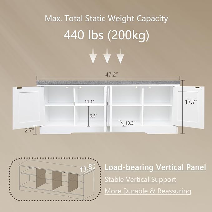 DINZI LVJ Shoe Bench, Entryway Storage Bench with Doors, Cushion, 2-Tier Shoe Rack with 8-Cubby, 47.2”L x 13.8”W Shoe Organizer Cabinet, Adjustable Shelf, Living Room, Bedroom, White-PawvioPets