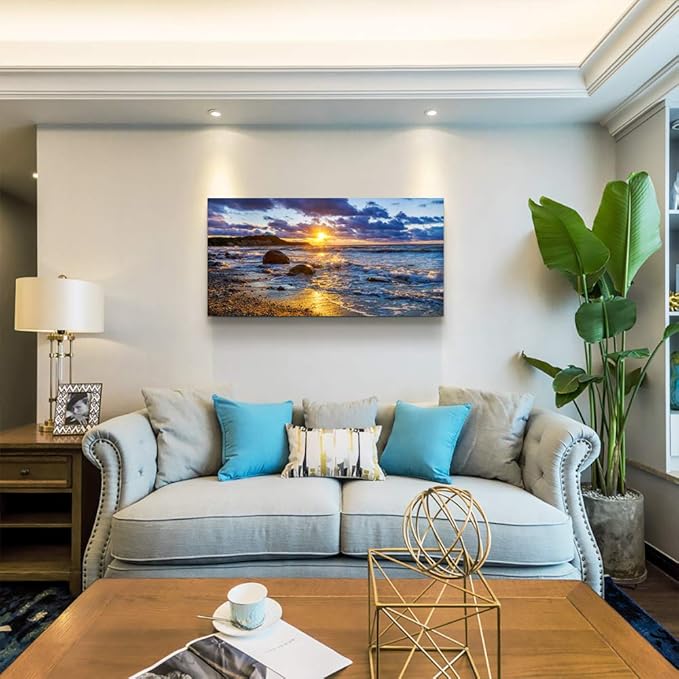 canvas wall art for living room bedroom Wall Decor blue ocean landscape painting Hang Home Decoration office bathroom kitchen sun beach sea golden Waves on the beach canvas art Prints pictures Works-PawvioPets